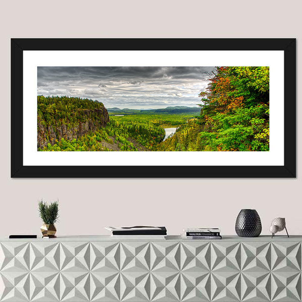 Ouimet Canyon Autumn View Wall Art in a room, panoramic