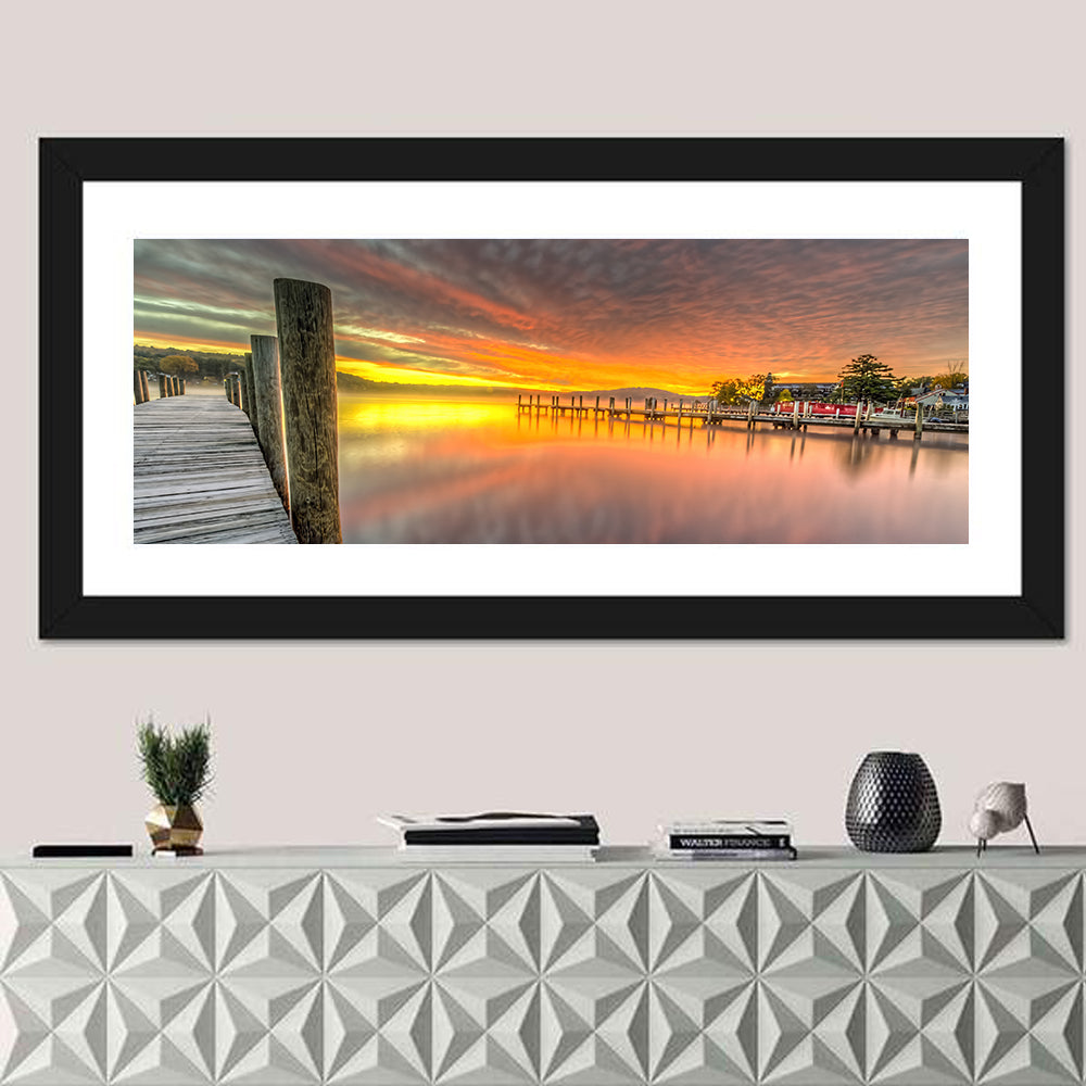 Meredith Bay Pier at Sunrise Wall Art in a room, panoramic