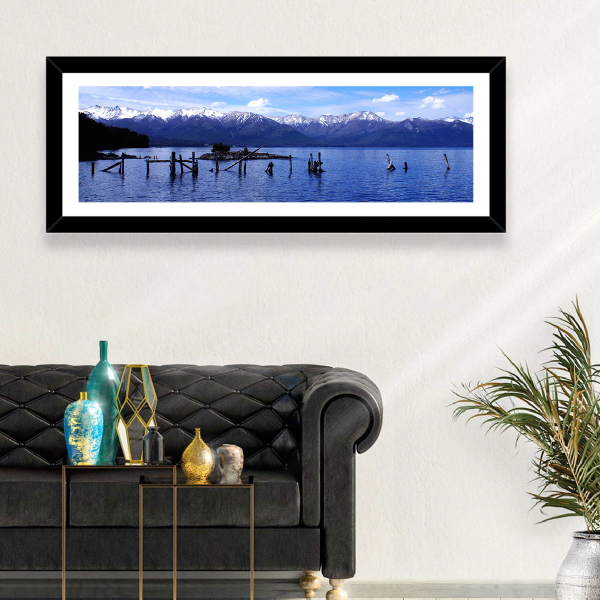 Nahuel Huapi Lake with Wooden Pilings Wall Art in a room, panoramic