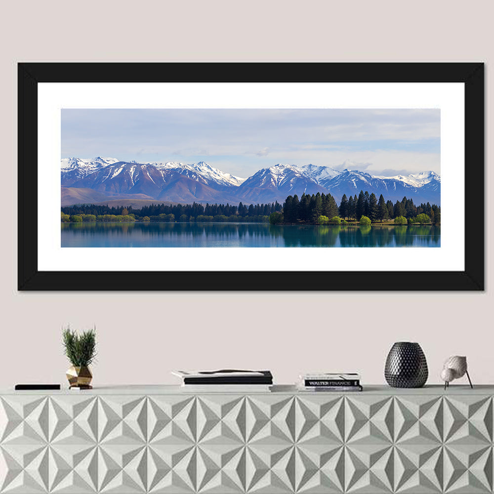 Lake Ruataniwha Reflection Wall Art in a room, panoramic