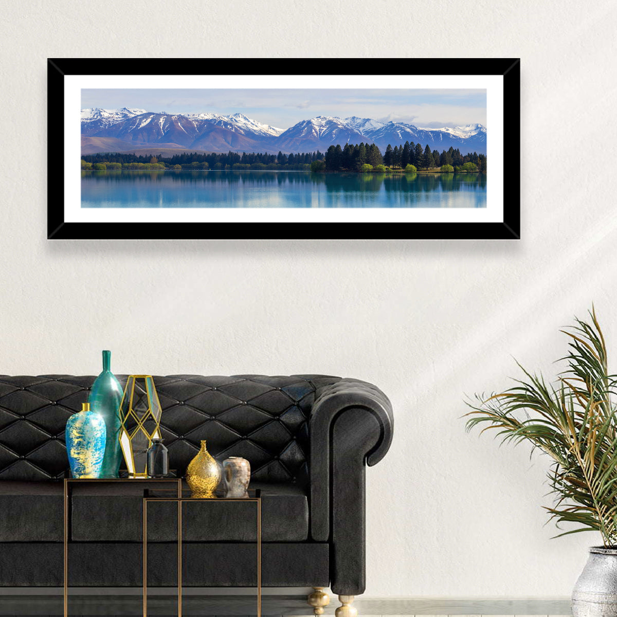 Lake Ruataniwha Reflection Wall Art in a room, panoramic