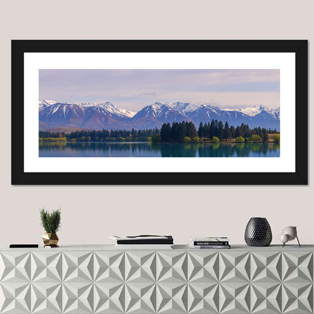 Ruataniwha Lake Reflection Wall Art in a room, panoramic