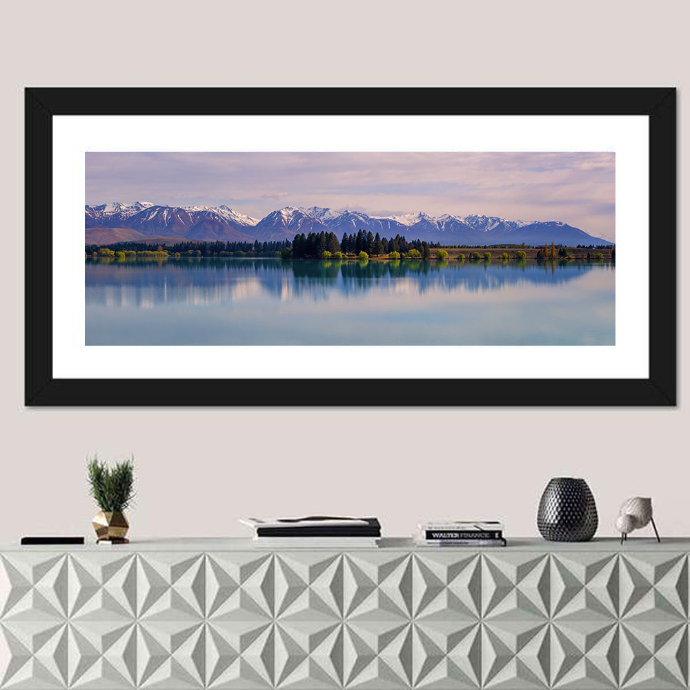 Lake Ruataniwha Reflection Wall Art in a room, panoramic