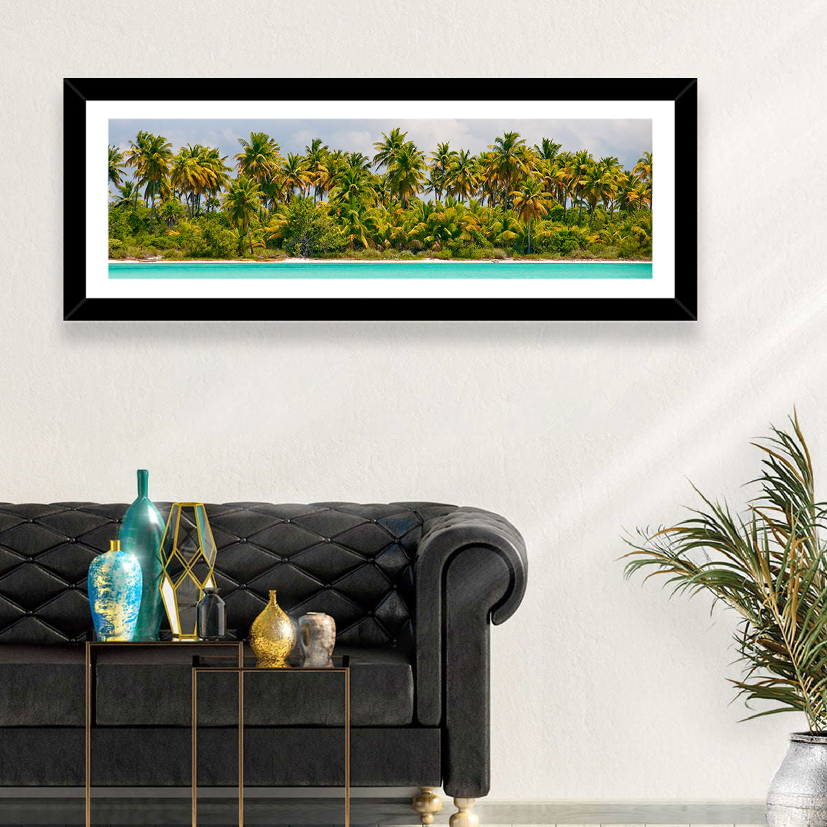 Turquoise Lagoon Palm Tree Beach Wall Art in a room, panoramic