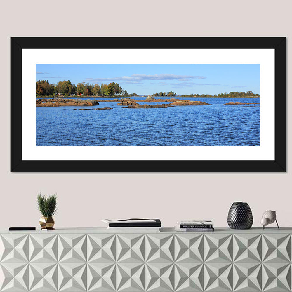Lake Vanern Rocky Shoreline Wall Art in a room, panoramic