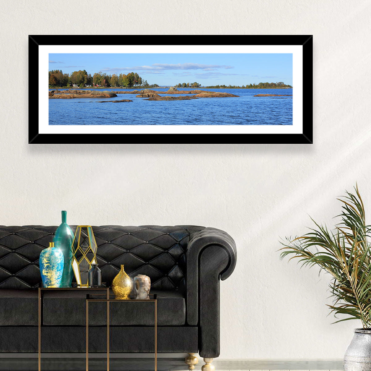 Lake Vanern Rocky Shoreline Wall Art in a room, panoramic