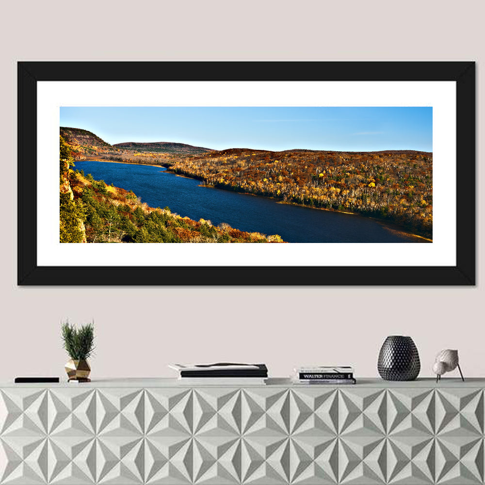 Lake of the Clouds Golden Hour Wall Art in a room, panoramic