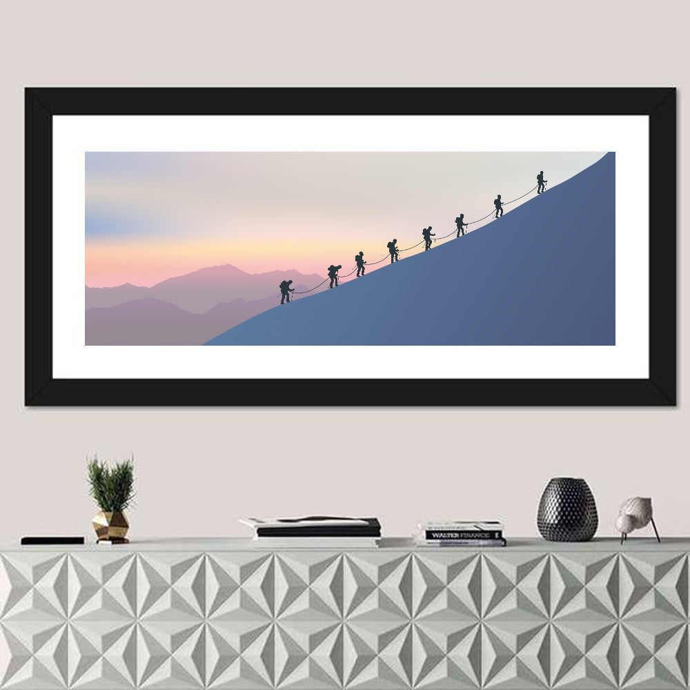 Eight Mountaineers at Dawn Wall Art in a room, panoramic
