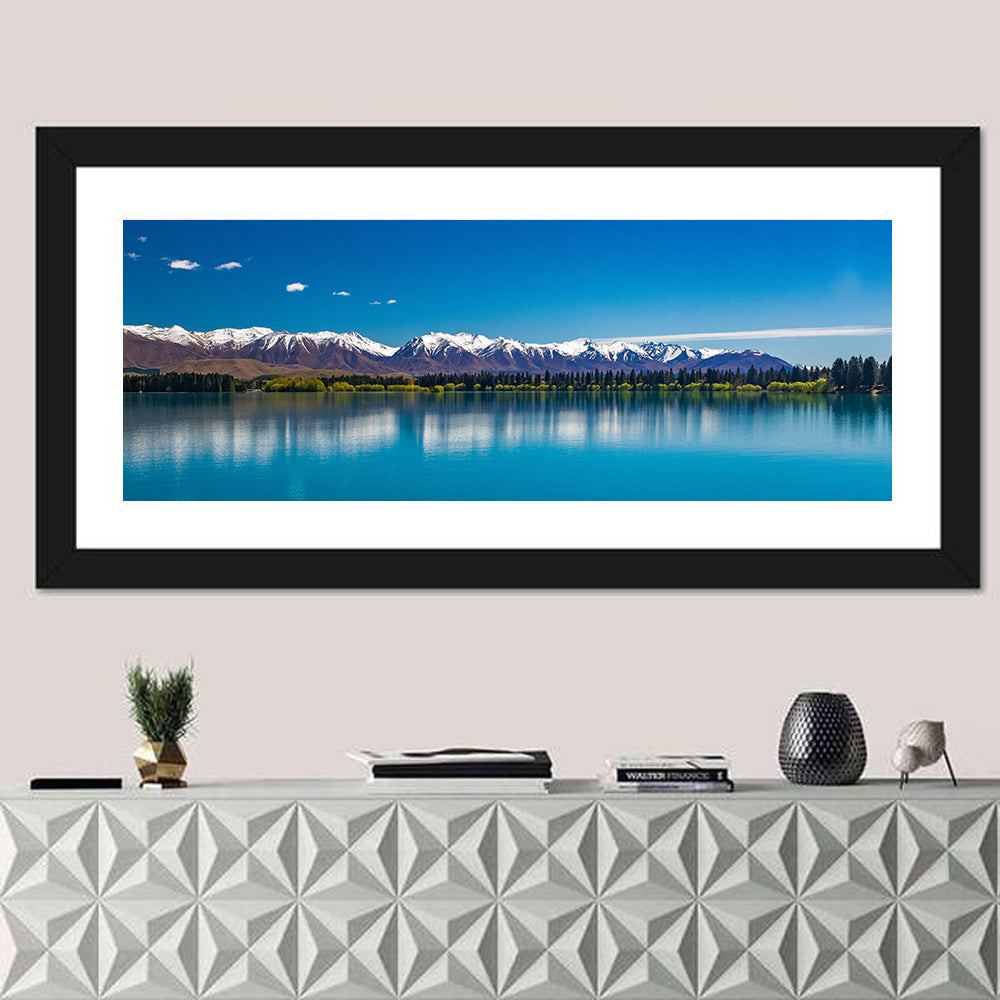 Lake Ruataniwha Reflection Wall Art in a room, panoramic