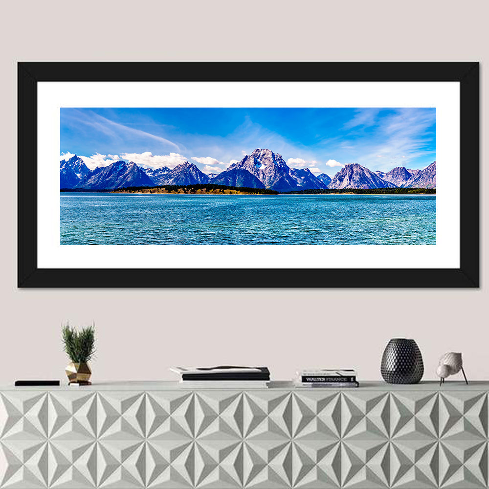 Mount Moran Over Jackson Lake Wall Art in a room, panoramic