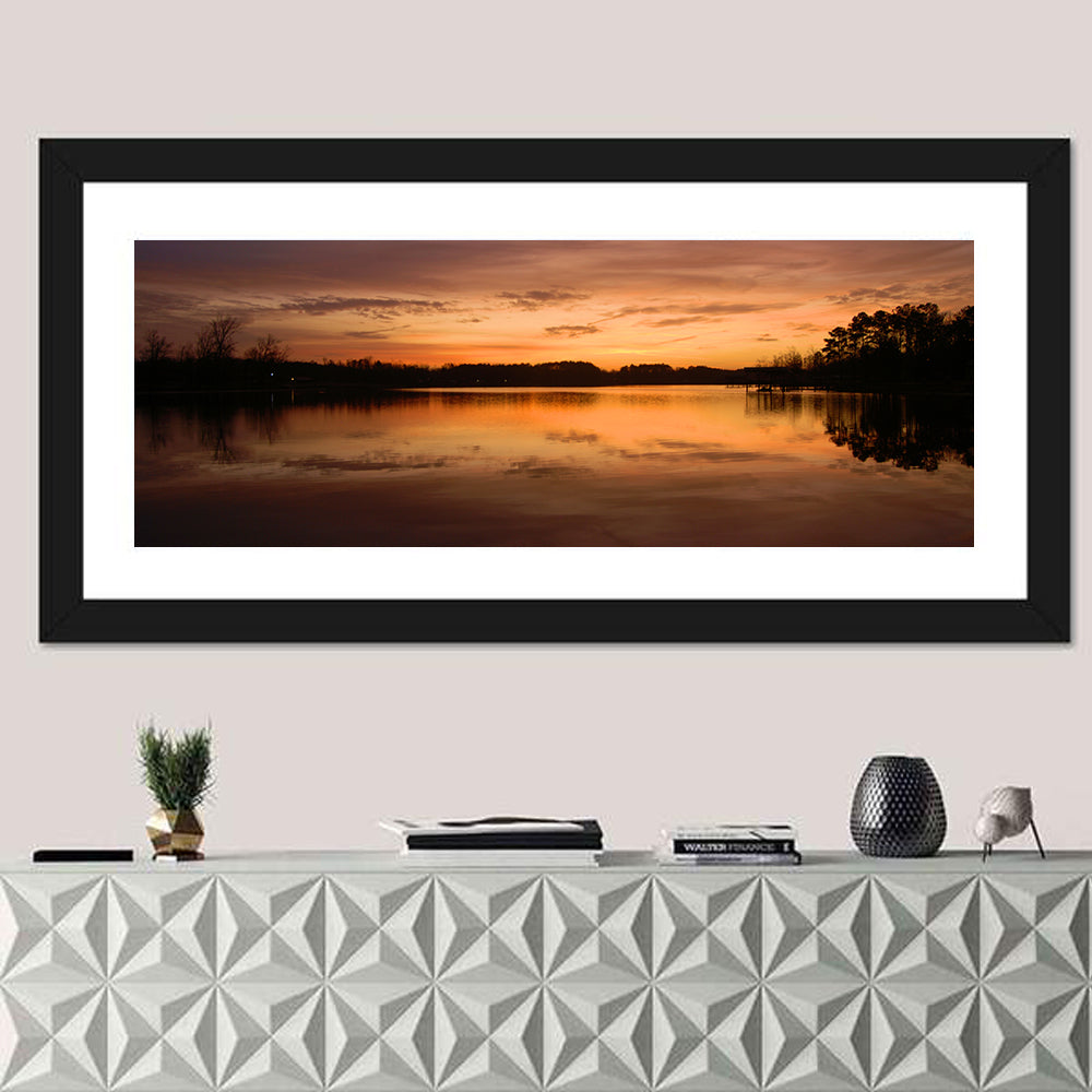 Lake Weiss Sunrise Reflection Wall Art in a room, panoramic