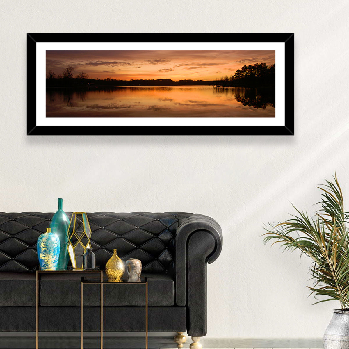 Lake Weiss Sunrise Reflection Wall Art in a room, panoramic