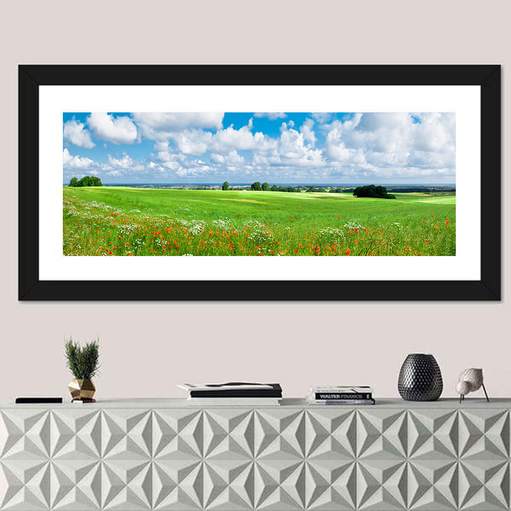 Summer Meadow with Poppies Wall Art in a room, panoramic