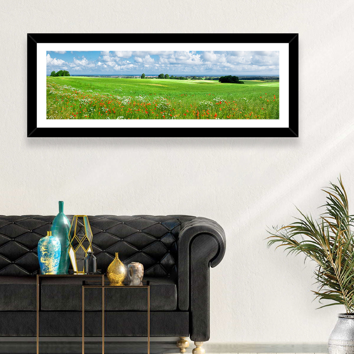 Summer Meadow with Poppies Wall Art in a room, panoramic