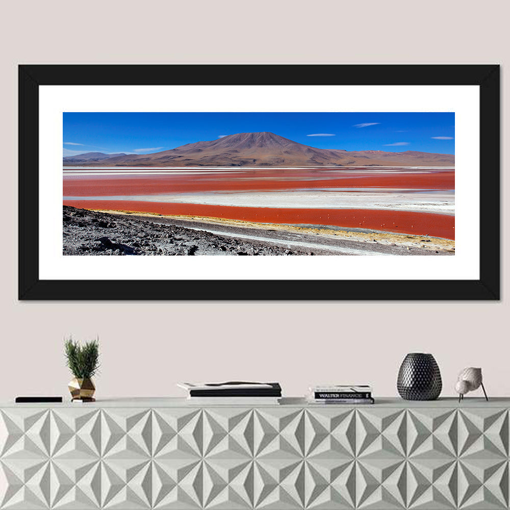 Laguna Colorada Red Lake Wall Art in a room, panoramic