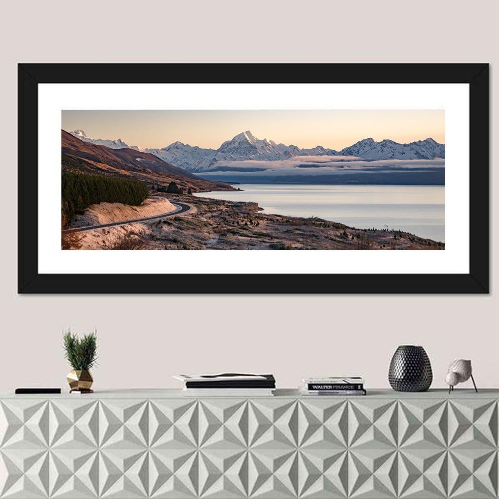 Mount Cook Over Lake Pukaki Wall Art in a room, panoramic