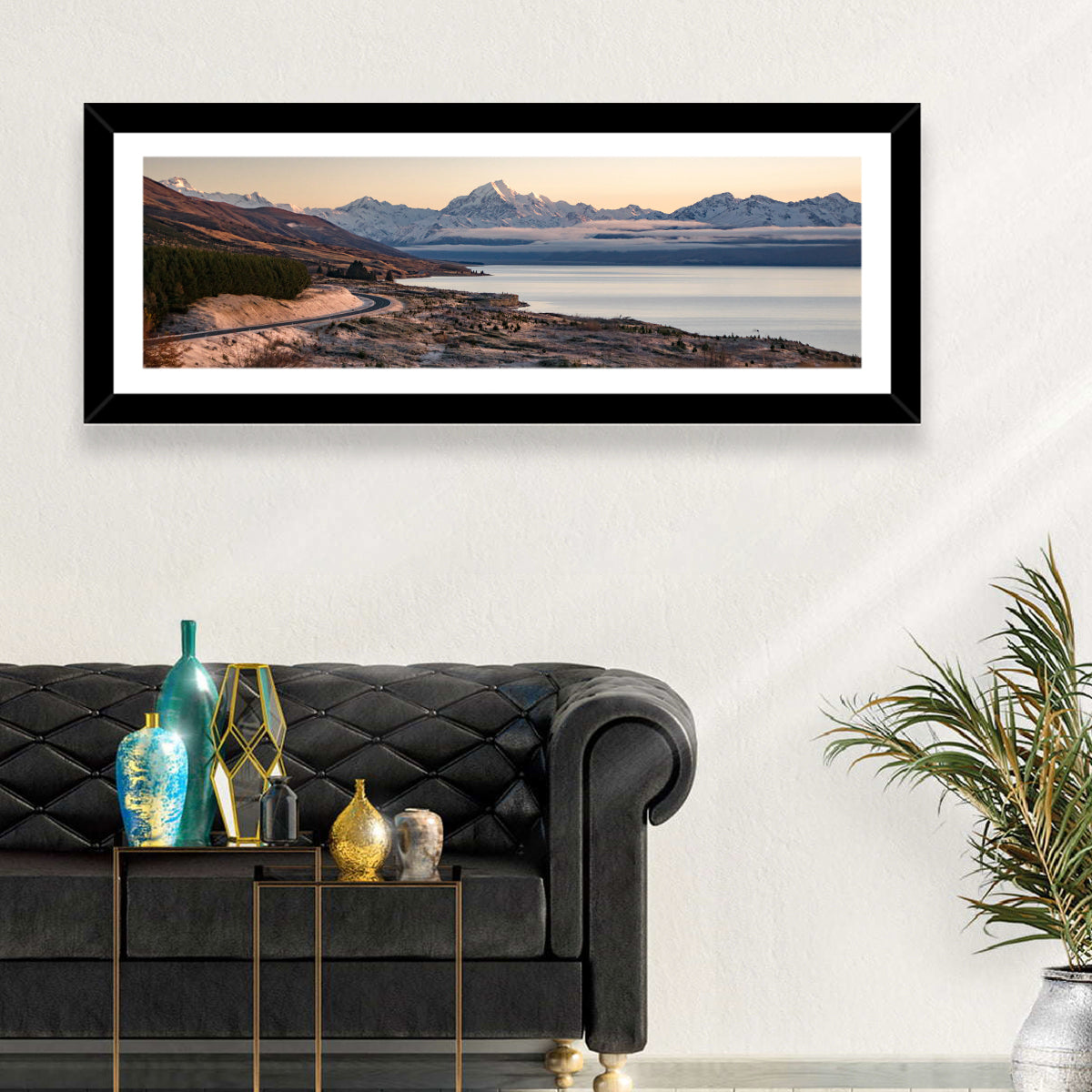 Mount Cook Over Lake Pukaki Wall Art in a room, panoramic