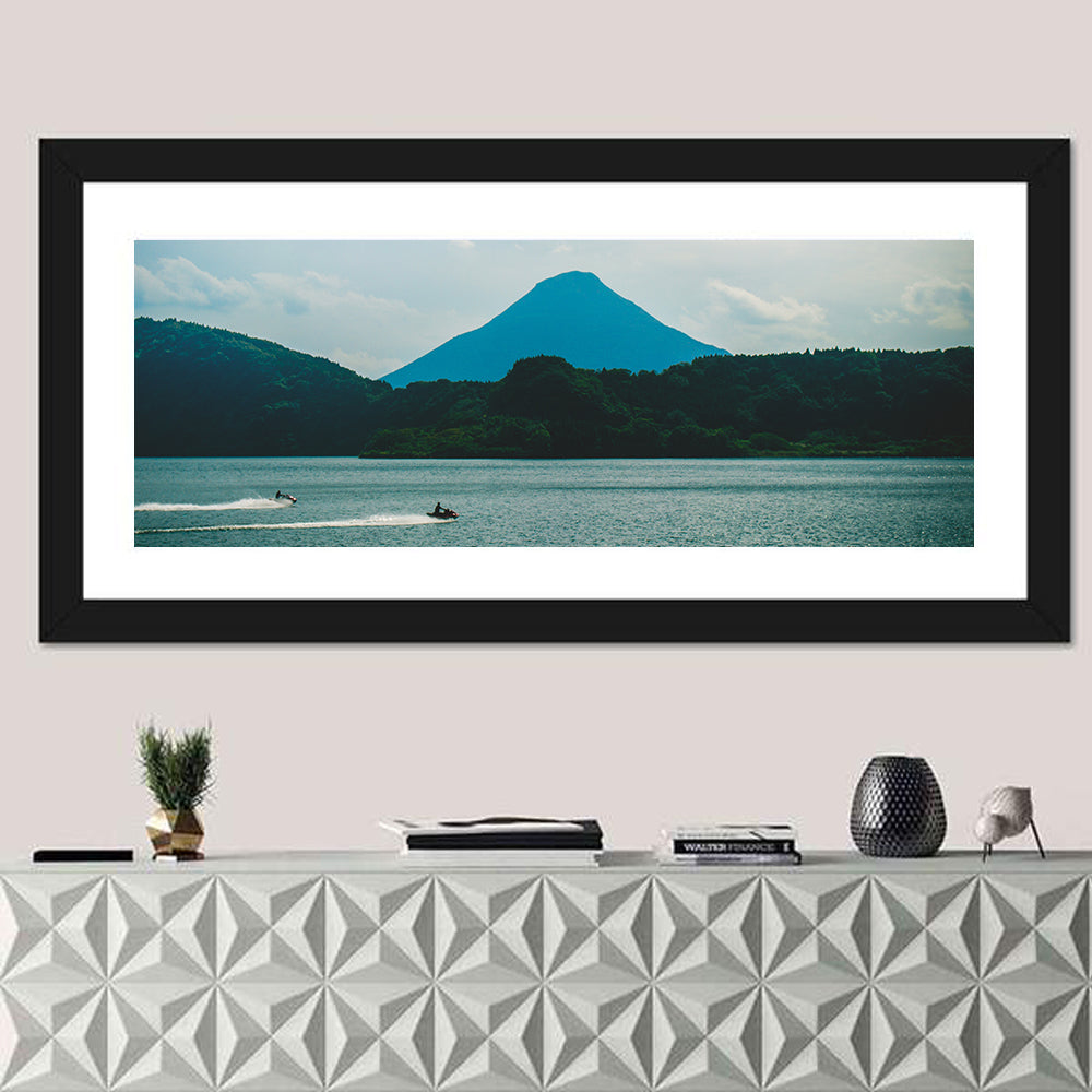 Kaimon Dake Over Lake Ikeda Wall Art in a room, panoramic