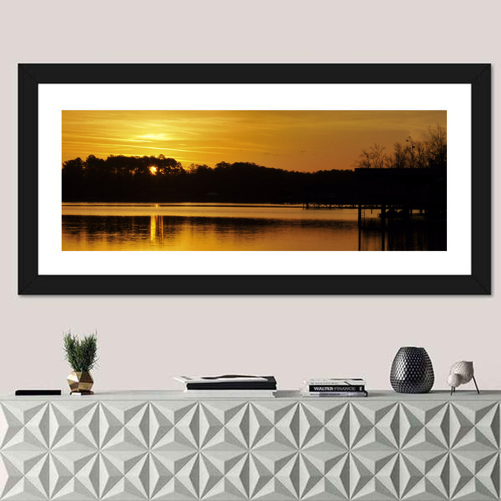 Lake Weiss Sunset Reflection Wall Art in a room, panoramic