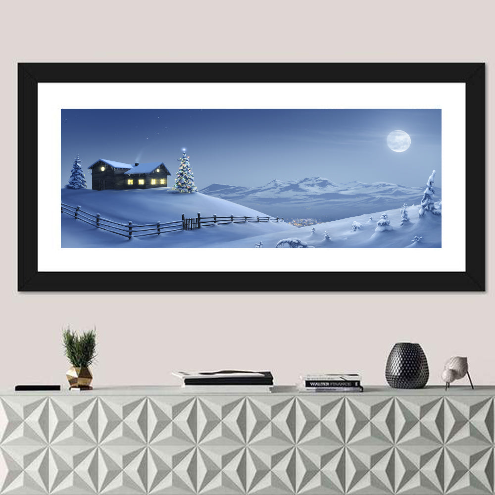 Snowy Mountain Cabin at Night Wall Art
