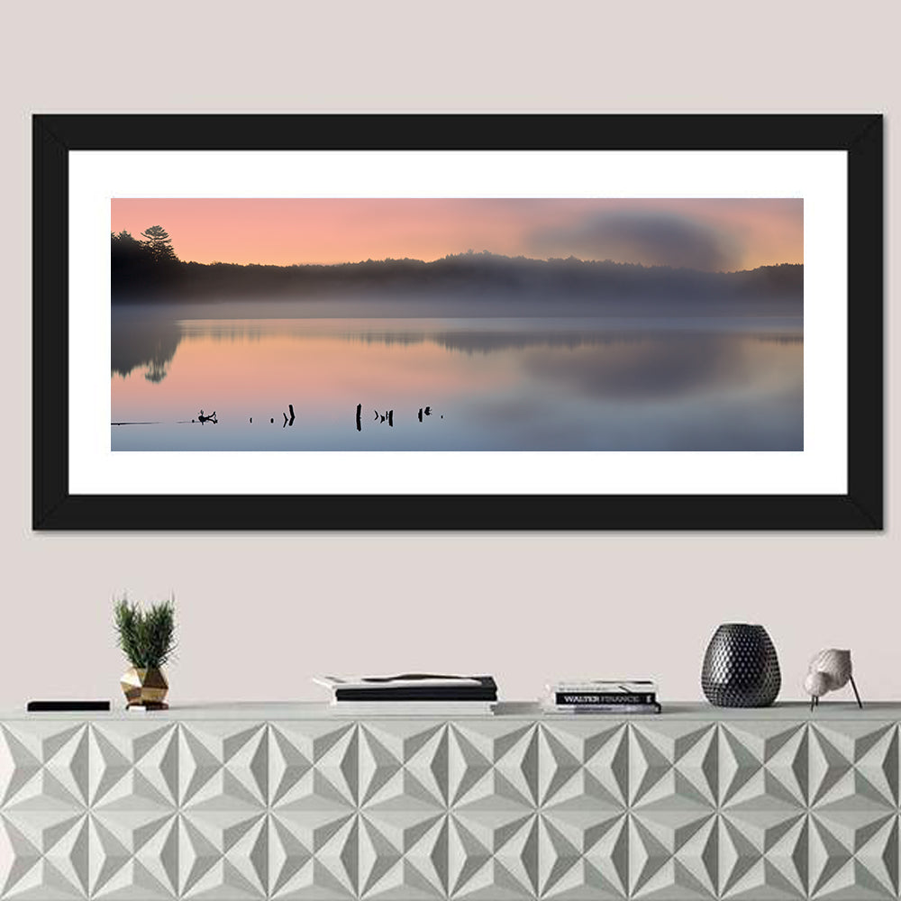 Pete's Lake at Dawn Wall Art in a room, panoramic