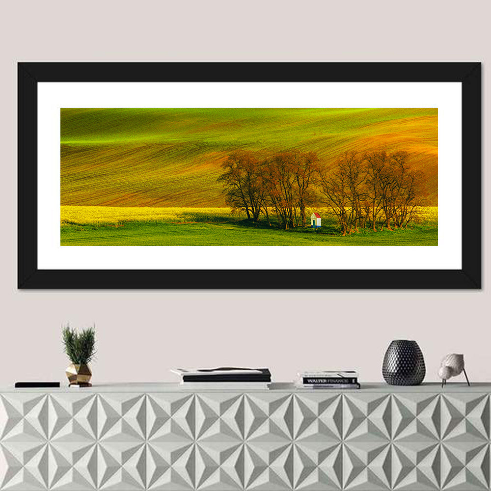 Moravian Wheat Fields with Chapel Wall Art in a room, panoramic
