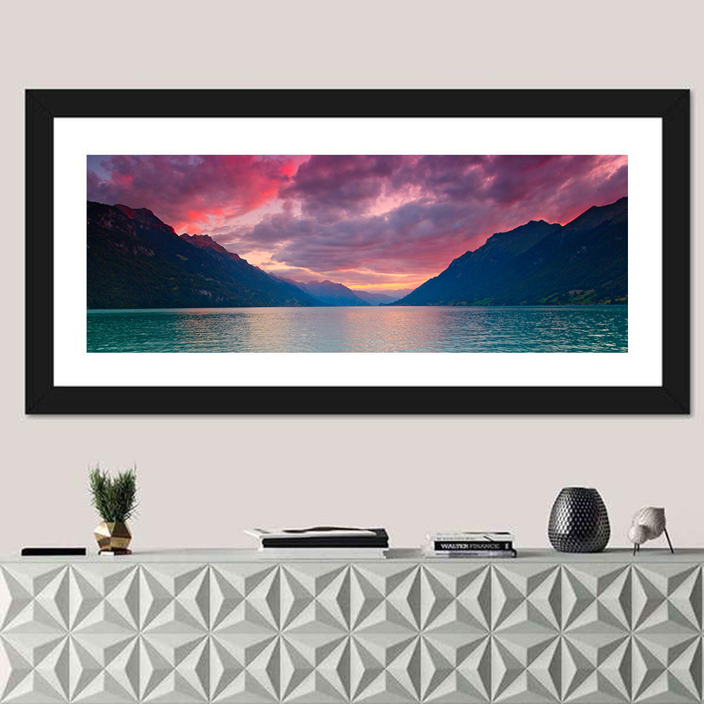 Lake Brienz Teal Sunset Wall Art in a room, panoramic