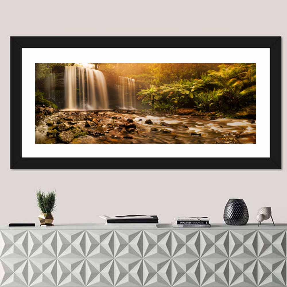 Russell Falls Golden Hour Wall Art in a room, panoramic