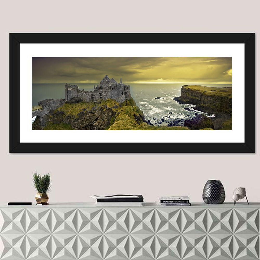 Dunluce Castle Ruins Wall Art in a room, panoramic