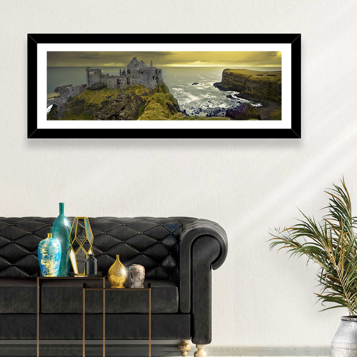 Dunluce Castle Ruins Wall Art in a room, panoramic