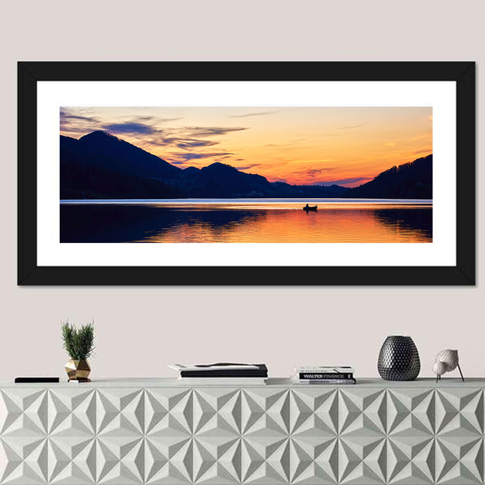 Lake Fuschl Sunset with Boat Wall Art in a room, panoramic