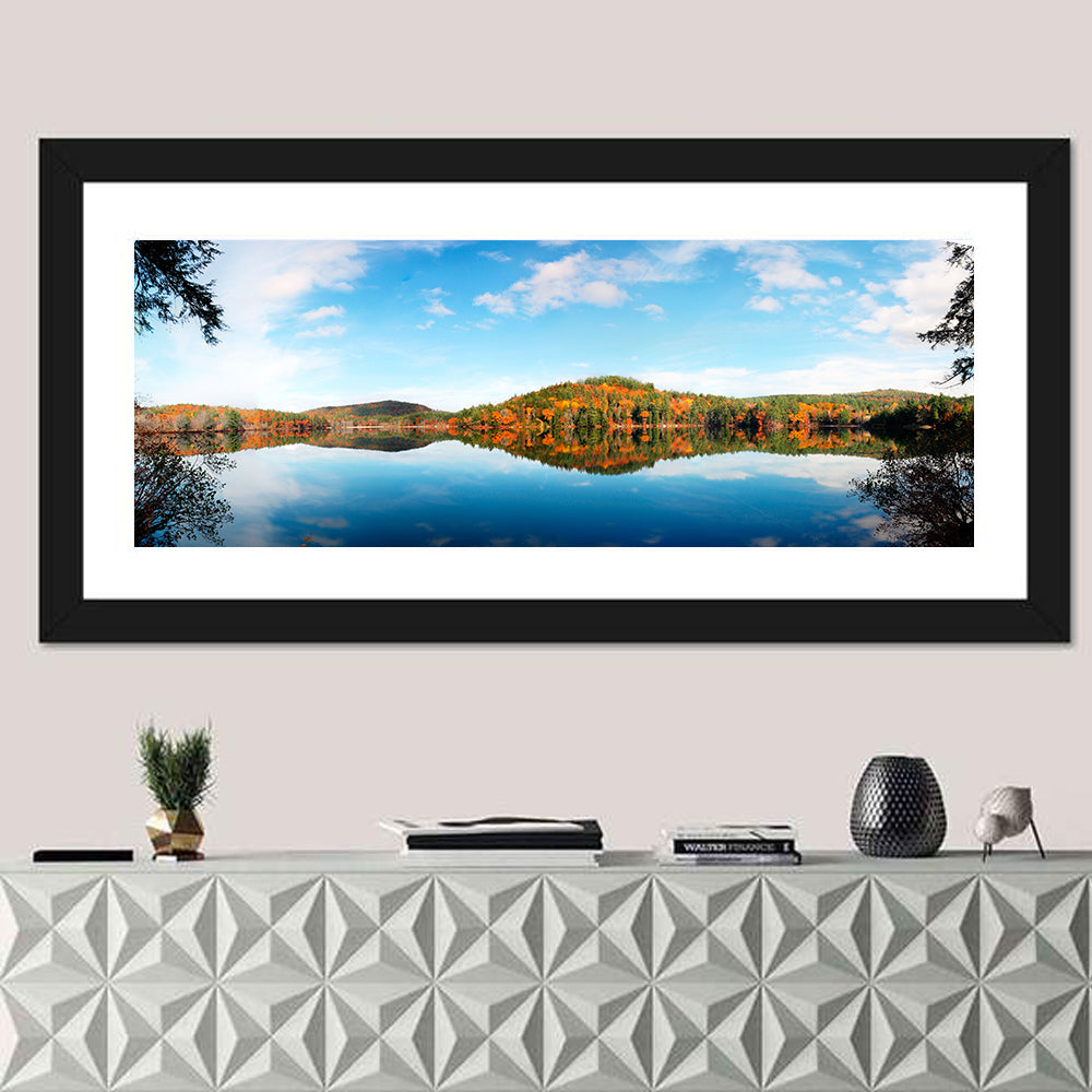 Vermont Lake Reflection Wall Art in a room, panoramic