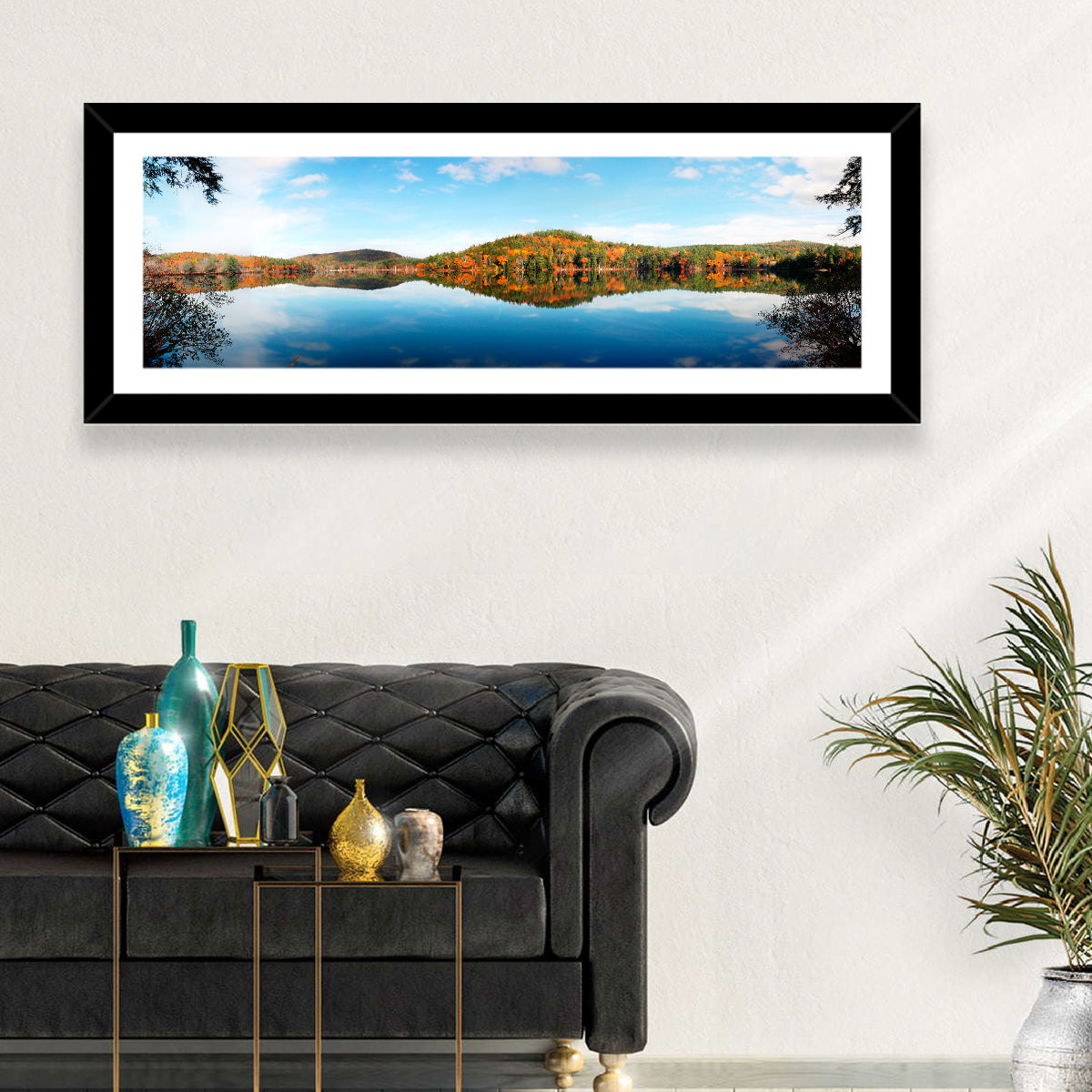 Vermont Lake Reflection Wall Art in a room, panoramic