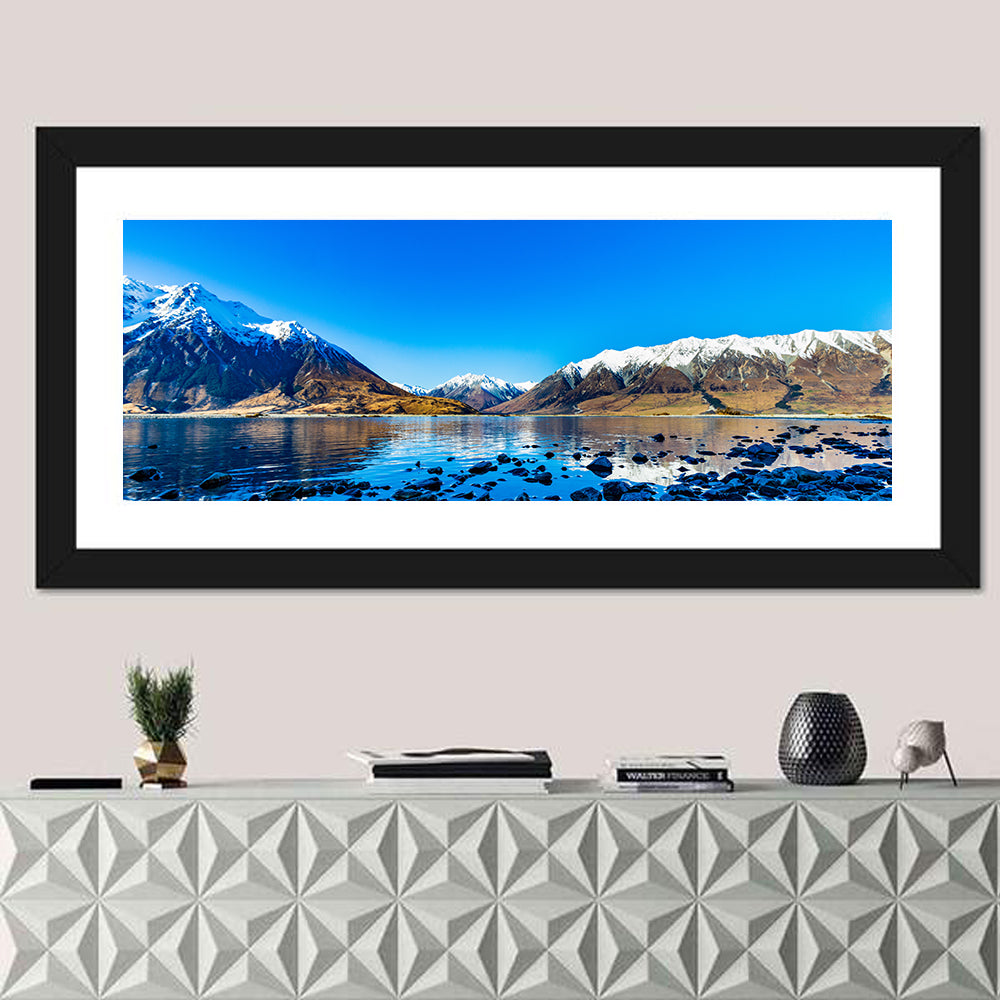 Lake Ohau Mountain Reflection Wall Art in a room, panoramic