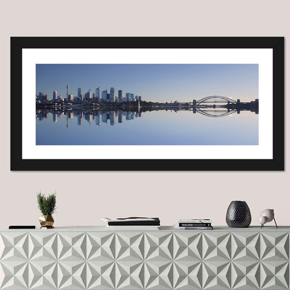 Sydney Harbour Reflection Wall Art in a room, panoramic
