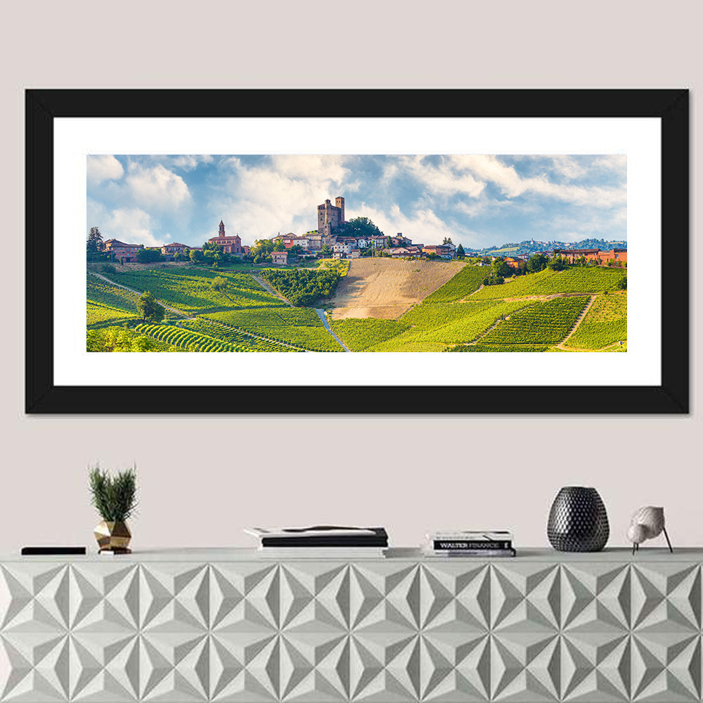 Grinzane Cavour Vineyards Wall Art in a room, panoramic