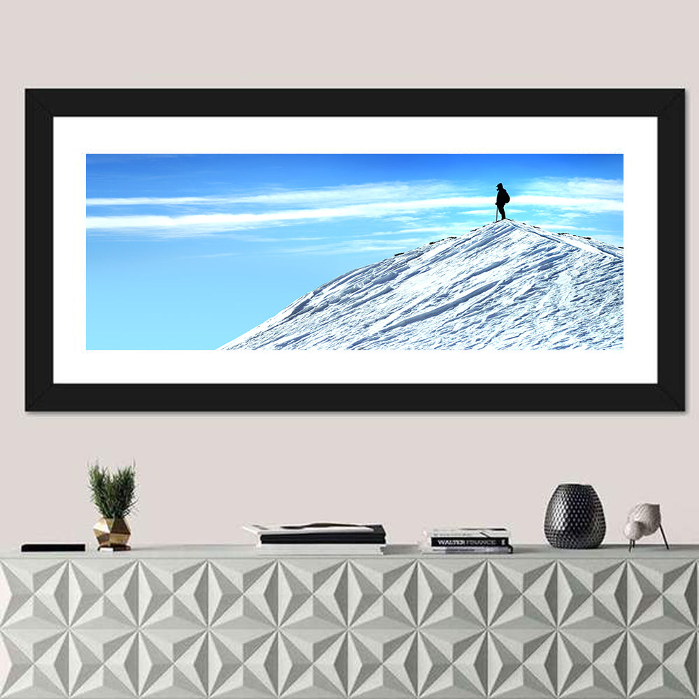 Mountaineer Summit Silhouette Wall Art in a room, panoramic