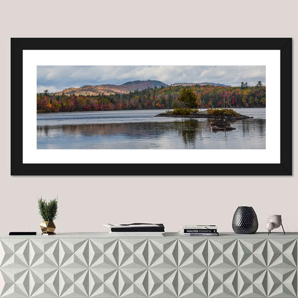 Lake Umbagog Autumn Reflection Wall Art in a room, panoramic