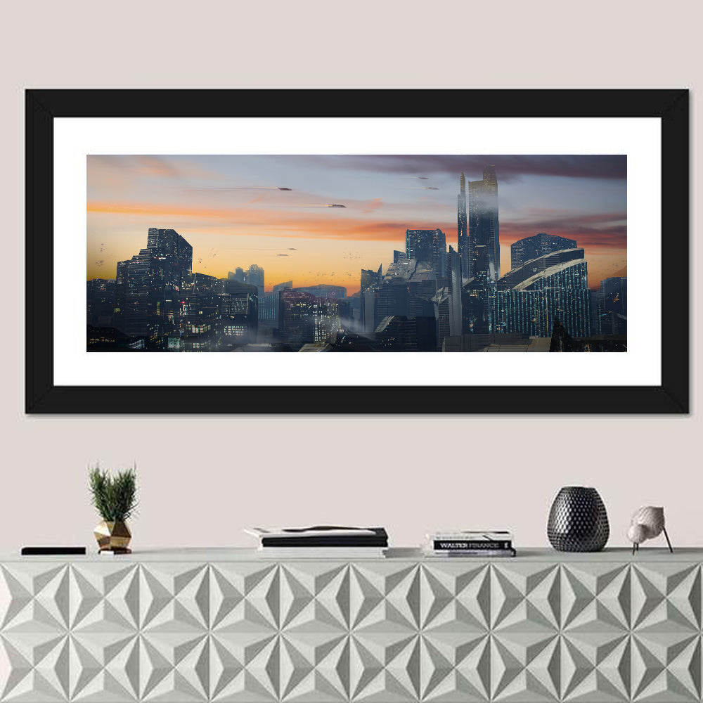 Futuristic City Skyline at Dusk Wall Art in a room, panoramic