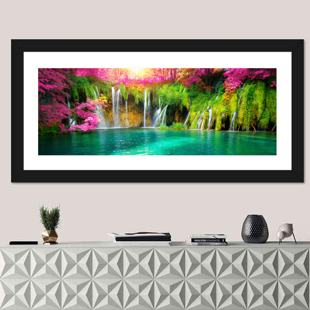 Plitvice Falls in Golden Light Wall Art in a room, panoramic
