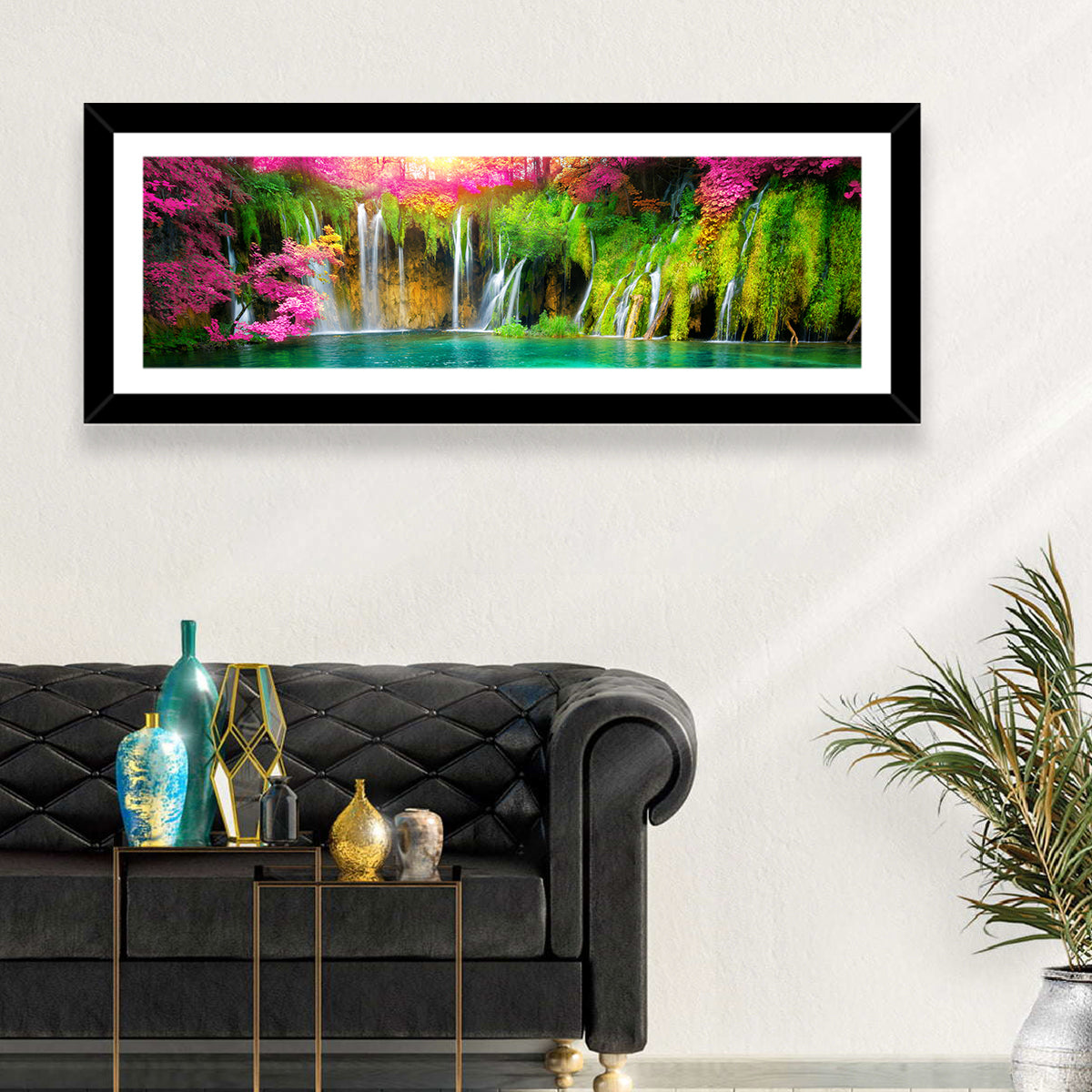 Plitvice Falls in Golden Light Wall Art in a room, panoramic