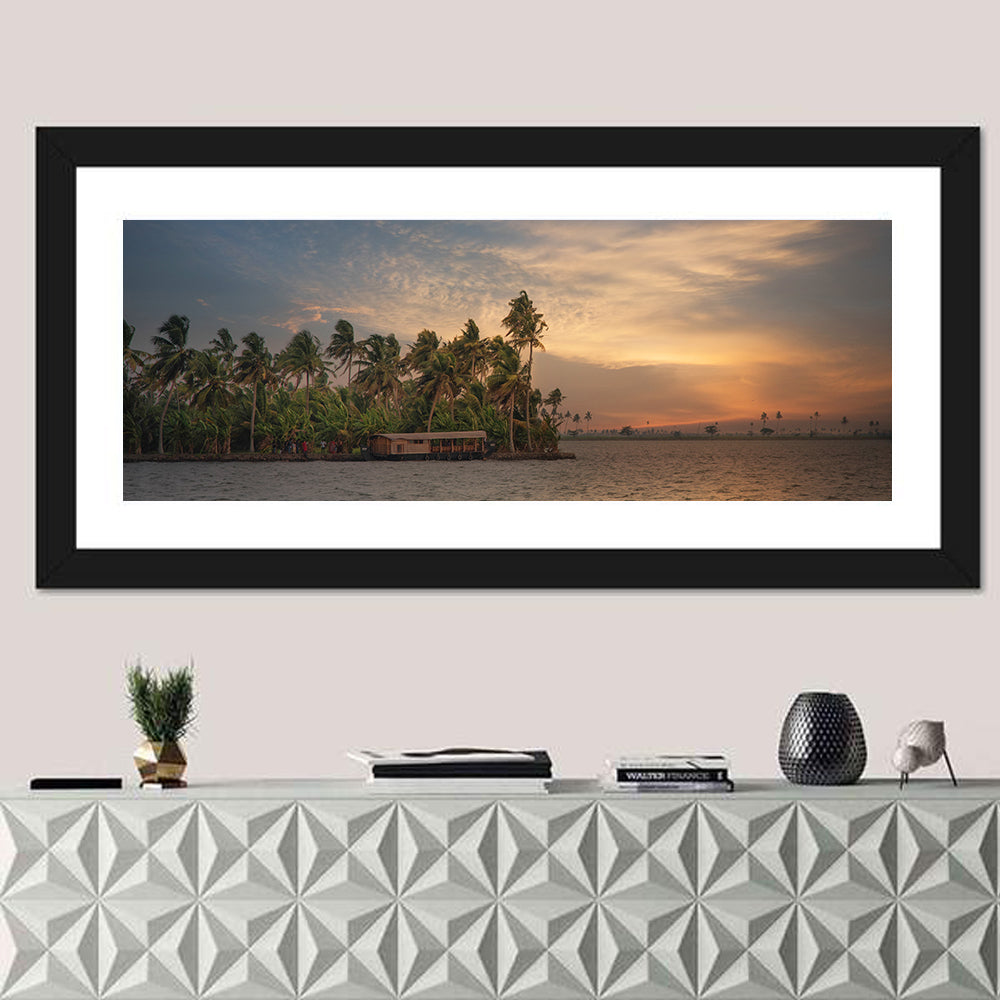 Vembanad Lake Sunset Wall Art in a room, panoramic