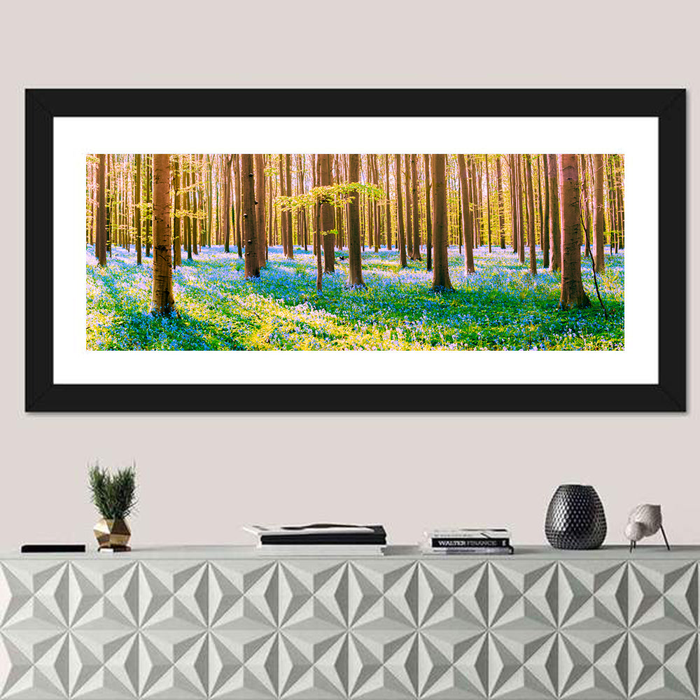 Hallerbos Bluebell Forest Wall Art in a room, panoramic