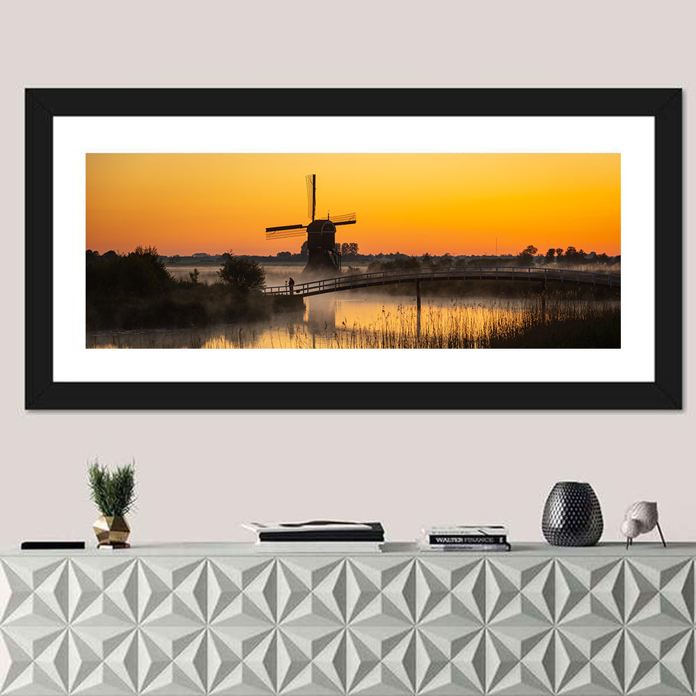 Misty Sunrise Windmill Wall Art in a room, panoramic
