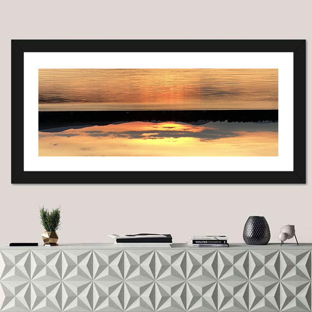Lake Pleasant Golden Sunset Wall Art in a room, panoramic