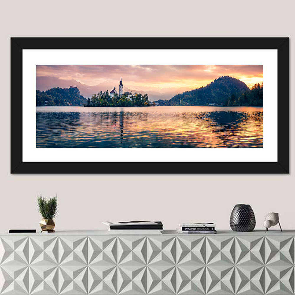 Golden Hour at Bled Island Wall Art in a room, panoramic