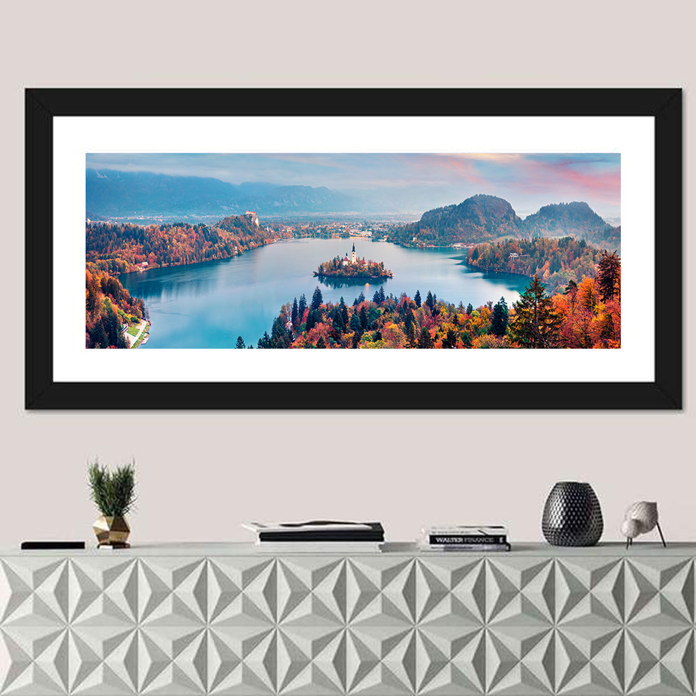 Sunset Over Lake Bled Wall Art in a room, panoramic