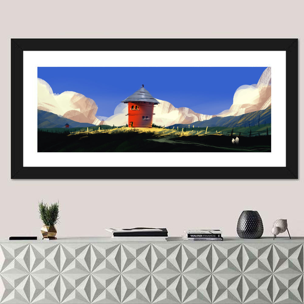 Red Tower in Meadow Wall Art in a room, panoramic