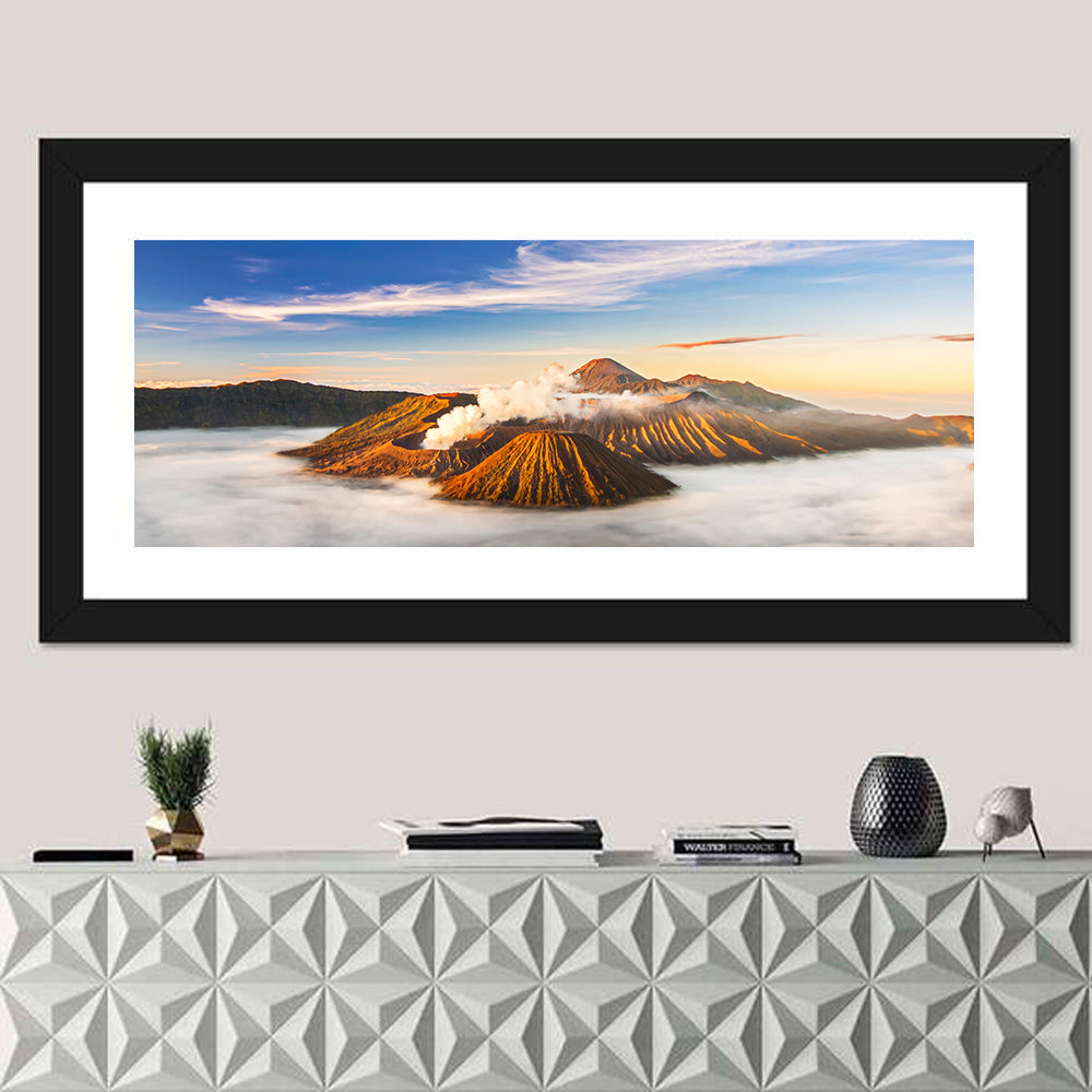 Mount Bromo Sunrise Wall Art in a room, panoramic