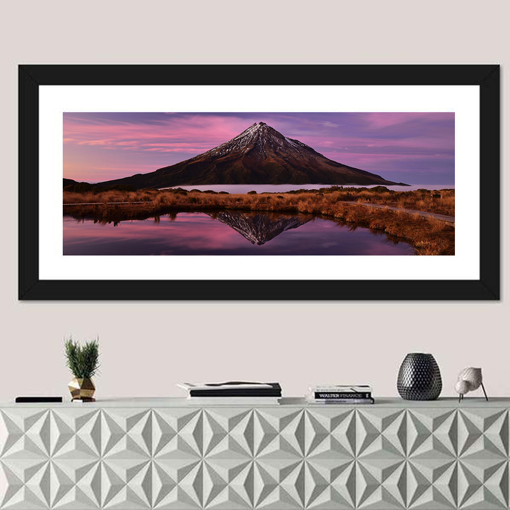 Mount Taranaki Reflection Wall Art in a room, panoramic